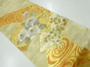 リサイクル　相良刺繍地紙に椿模様袋帯